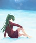  air_bubble arm_support barefoot blush bubble closed_mouth eyebrows_visible_through_hair from_side green_eyes green_hair hair_between_eyes hand_on_own_leg hide38 high_ponytail jacket long_hair long_sleeves looking_at_viewer official_art ponytail red_jacket seabed sitting skirt smile solo sunlight takako_(seabed) track_jacket underwater very_long_hair 