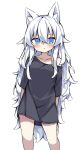  1girl absurdres animal_ear_fluff animal_ears black_shirt blue_eyes breasts closed_mouth expressionless highres long_hair medium_breasts no_pants off_shoulder original oversized_clothes oversized_shirt shiren_(utumu) shirt short_sleeves single_bare_shoulder very_long_hair white_background white_hair 