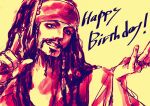  1boy absurdres abunaideka arms_up beard close-up commentary_request facial_hair happy_birthday head_scarf highres jack_sparrow jewelry limited_palette long_hair looking_to_the_side male_focus pirates_of_the_caribbean ring simple_background smile solo upper_body yellow_background 