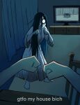  1girl barefoot black_hair clenched_hands commentary commission dress english_commentary english_text ghost gtfo_my_house_(meme) hair_between_eyes hair_over_one_eye long_hair meme messy_hair opilka parody pov raised_fists the_ring yamamura_sadako 