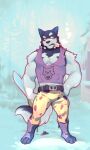  1boy animal_print backhand bara belt collar doggo_(undertale) furry furry_male holding holding_knife knife leopard_print male_focus muscular muscular_male null-ghost pink_tank_top raised_eyebrow red_eyes smoking solo spiked_collar spikes tank_top undertale 