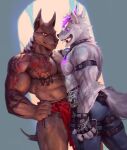  2boys abs armband bara biceps body_markings chain cherry colored_sclera commission denim earrings fingerless_gloves food fruit furry furry_male gloves glowing glowing_eye highres horns jeans jewelry large_pectorals male_focus multiple_boys muscular muscular_male necklace nipple_piercing null-ghost original pants pectorals pendant piercing purple_eyes purple_sclera red_eyes thick_thighs thighs topless_male yaoi 