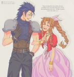  1boy 1girl aerith_gainsborough armor bangle belt belt_buckle black_hair black_pants blue_eyes blush bracelet braid braided_ponytail breasts brown_gloves brown_hair buckle choker cleavage closed_eyes collarbone commentary couple cowboy_shot crisis_core_final_fantasy_vii dress drill_hair drill_sidelocks english_text final_fantasy final_fantasy_vii final_fantasy_vii_rebirth final_fantasy_vii_remake gloves hair_ribbon hair_slicked_back hand_in_pocket happy height_difference highres jacket jewelry locked_arms long_hair looking_at_another medium_hair multiple_belts open_clothes open_jacket open_mouth pants parted_bangs pink_dress pink_ribbon red_jacket ribbed_sweater ribbon sarafabrizi short_hair shoulder_armor sidelocks sleeveless sleeveless_turtleneck small_breasts smile spiked_hair suspenders sweater symbol-only_commentary tumblr_username turtleneck turtleneck_sweater twitter_username zack_fair 