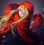  1girl :d blonde_hair broken_mask cloak evileye fangs floating_hair highres hood hood_up hooded_cloak hoshiringo0902 long_hair looking_up mask open_mouth overlord_(maruyama) red_eyes red_scarf scarf smile solo twitter_username very_long_hair 