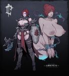  absurdres armor axe bikini_armor boots breasts chain garter_straps gigantic_breasts glowing glowing_clothes glowing_eyes high_heel_boots high_heels highleg highres knight l_axe nipples nude stitches 