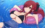  1girl bikini black_bikini breasts brown_eyes cleavage closed_mouth collarbone earrings erza_scarlet fairy_tail hair_over_one_eye innertube jewelry large_breasts long_hair looking_at_viewer micro_bikini navel partially_submerged ponytail red_hair sidelocks skindentation smile solo swept_bangs swim_ring swimsuit underboob virus-g water 