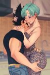  1boy 1girl animal_print aqua_hair ass ass_grab belt between_breasts biceps black_hair blue_eyeshadow blurry blurry_background breast_smother breasts brown_belt bulma casual couple denim dragon_ball dragon_ball_z earrings english_commentary eyeshadow face_to_breasts fingernails grabbing_another&#039;s_ass groping hands_on_ass head_between_breasts height_difference hetero highres huge_ass husband_and_wife jeans jewelry kitchen leopard_print lipstick_mark lipstick_mark_on_face mahmapuu makeup mature_female medium_breasts muscular muscular_male nail_polish pants print_bodysuit purple_nails short_hair spaghetti_strap spiked_hair thick_eyebrows thick_lips triceps vegeta 