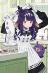 1girl absurdres apron black_dress blush cookie dress english_commentary food gloves highres hololive hololive_english long_hair mole mole_under_eye ninomae_ina&#039;nis ninomae_ina&#039;nis_(6th_costume) official_alternate_costume pointy_ears purple_eyes purple_hair tabby_ragtan 
