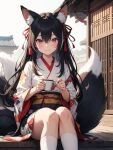  ai-generated animal_ears black_hair fox_ears japanese_clothes non-web_source red_eyes 