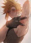  1boy arm_up armpits blonde_hair blue_eyes blush closed_mouth cloud_strife earrings final_fantasy final_fantasy_vii gloves highres jewelry male_focus none_(kameko227) presenting_armpit shirt short_hair single_earring sleeveless sleeveless_turtleneck spiked_hair spread_armpit steaming_body sweat sweatdrop turtleneck 