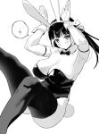  1girl ? animal_ears arms_up black_hair black_leotard black_thighhighs breasts cleavage commentary dot_mouth fake_animal_ears fake_tail greyscale highres knees_up large_breasts legs leotard long_hair looking_at_viewer monochrome original playboy_bunny rabbit_ears rabbit_pose rabbit_tail riki_(riki_unc) simple_background solo spoken_question_mark strapless strapless_leotard symbol-only_commentary tail thighhighs thighs twintails white_background wrist_cuffs 