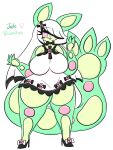 4_fingers anthro big_breasts bow_tie breasts clothing dress female fingers footwear generation_5_pokemon green_body hair hi_res lewdchuu_(artist) nintendo pink_eyes pokemon pokemon_(species) reuniclus shoes simple_background solo white_background white_hair