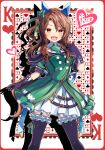  1girl absurdres bare_shoulders black_gloves black_thighhighs brown_eyes brown_hair card club_(shape) diamond_(shape) dress ear_covers frilled_dress frills garter_straps gloves green_dress highres horse_girl king_(playing_card) king_halo_(umamusume) king_of_hearts_(playing_card) layered_sleeves looking_at_viewer neko_senshi open_mouth playing_card puffy_short_sleeves puffy_sleeves short_sleeves smile solo spade_(shape) thighhighs umamusume 