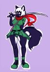  2016 absurd_res anthro blue_ears blue_fur blue_tail breasts cat clothed clothing dirtyscoundrel feline female footwear fur green_clothing green_footwear green_shoes hair hi_res holding_object holding_sword holding_weapon mammal melee_weapon purple_background shiku_(derwen) shoes signature simple_background solo standing sword weapon white_hair yellow_eyes yellow_nose 