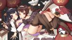  :&lt; ass azur_lane black_hair black_legwear breasts brown_eyes brown_hair china_dress chinese_clothes chopsticks cleavage dress hair_ornament hairband jacket large_breasts long_sleeves lying mouth_hold multiple_girls ning_hai_(azur_lane) on_back open_clothes open_jacket panda ping_hai_(azur_lane) purple_eyes shuaiaba thighhighs twintails 
