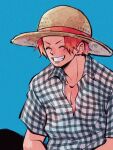  1boy ^_^ abunaideka black_pants blue_background blush checkered_clothes checkered_shirt closed_eyes collared_shirt commentary_request hat highres male_focus one_piece pants red_hair shanks_(one_piece) shirt short_hair simple_background smile solo straw_hat upper_body 
