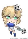  1girl artoria_pendragon_(fate) artoria_pendragon_(lancer)_(fate) ball blonde_hair blue_shirt blue_socks chestnut_mouth chibi fate/grand_order fate_(series) green_eyes hair_between_eyes holding holding_polearm holding_weapon kneehighs looking_up nipi27 official_art parted_lips polearm shirt short_sleeves shorts simple_background soccer_ball socks solo weapon white_background white_shorts 