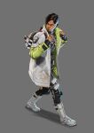  1boy absurdres apex_legends apex_legends_mobile asian black_hair black_shirt boots crypto_(apex_legends) english_commentary frown full_body green_vest grey_background highres looking_back male_focus official_art realistic shadow shirt solo soojung_lee v-shaped_eyebrows vest walking white_footwear 