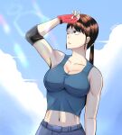  1girl arm_at_side arm_up armpits blue_sky blue_tank_top breasts brown_eyes brown_hair butterjar cleavage cloud cloudy_sky collarbone day elbow_pads english_commentary fingerless_gloves frown gloves hand_to_forehead highres large_breasts looking_afar midriff navel one_eye_closed original outdoors parted_lips ponytail shading_eyes signature sky solo sun_glare sunlight sweat tank_top toned upper_body 
