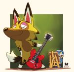 animal_crossing anthro brown_body brown_fur canid canine canis chibi dahecksajerry duo fur guitar human kyle_(animal_crossing) male mammal musical_instrument nintendo nude nude_painting painting plucked_string_instrument smile string_instrument villager_(animal_crossing) wolf