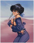  1girl absurdres aqua_eyes ayukawa_madoka bare_shoulders black_bra black_hair blue_bow blue_jacket bow bra breasts buttons character_request cleavage cloud cloudy_sky commentary_request denim fingernails fritz_willie grey_eyes highres horizon jacket jeans kimagure_orange_road location_request long_bangs looking_at_viewer matsumoto_izumi_(mangaka) pants retro_artstyle signature sky smile solo two-tone_eyes underwear unzipped wind 