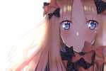  abigail_williams_(fate/grand_order) bangs black_bow black_dress blonde_hair blue_eyes blush bow closed_mouth crying crying_with_eyes_open dress eyebrows_visible_through_hair fate/grand_order fate_(series) hair_between_eyes hair_bow long_hair looking_at_viewer miamuly orange_bow polka_dot polka_dot_bow simple_background solo sunlight tears white_background 