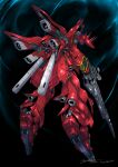  armor commentary_request denjyou23 floating from_behind from_below gun gundam gundam_unicorn highres holding holding_gun holding_weapon mecha no_humans red_armor rifle robot science_fiction signature sinanju space spikes thrusters weapon 