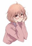  1girl absurdres ahoge blush brown_eyes closed_mouth commentary_request cropped_torso eyelashes glasses hair_between_eyes hands_on_own_cheeks hands_on_own_face hands_up happy highres kuriyama_mirai kyoukai_no_kanata lips looking_at_viewer medium_hair nishizuki_shino notice_lines orange_hair pink_sweater pinky_out red-framed_eyewear simple_background sleeves_past_wrists smile solo sweater upper_body white_background 