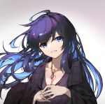  1girl black_jacket blue_eyes blue_hair blue_shirt breasts chest_tattoo cleavage colored_inner_hair commentary_request gradient_background highres honkai_(series) honkai_impact_3rd jacket jacket_on_shoulders jewelry large_breasts linxi looking_at_viewer multicolored_hair necklace ring seele_vollerei shirt simple_background smile solo tattoo upper_body 