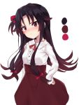  bangs black_hair blush bow bowtie closed_mouth collared_shirt color_guide eyebrows_visible_through_hair gradient_hair high-waist_skirt highres long_hair long_sleeves looking_at_viewer minikon multicolored_hair parted_bangs red_eyes red_hair red_neckwear red_skirt ryuuou_no_oshigoto! shirt simple_background skirt solo upper_body v-shaped_eyebrows white_background white_shirt wing_collar yashajin_ai 