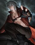  1boy belt_bra blue_eyes bonley cloud cloudy_sky coat dante_(devil_may_cry) devil_may_cry_(series) devil_may_cry_3 fingerless_gloves gloves hair_over_one_eye holding jacket long_hair looking_at_viewer male_focus red_coat sky solo white_hair 