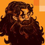  1boy beard beard_over_mouth brown_hair cabinette closed_eyes commentary cropped_head dungeon_meshi dwarf english_commentary facial_hair fluffy_hair highres long_beard male_focus orange_theme senshi_(dungeon_meshi) solo thick_mustache very_long_beard wrinkled_skin 