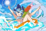  1girl :d absurdres afloat barefoot beach bikini blue_bikini blue_bow blue_eyes blue_hair bow breasts chinese_commentary cirno commentary_request day devilkillerx eyewear_on_head frilled_bikini frills hair_bow highres ice ice_wings looking_at_viewer novelty_glasses on_innertube open_mouth pointing short_hair small_breasts smile solo star-shaped_eyewear star_(symbol) sun swim_ring swimsuit touhou touhou_lost_branch_of_legend water water_gun wings 