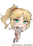  1girl chibi fang fate/grand_order fate_(series) green_eyes index_finger_raised kneehighs long_hair looking_at_viewer mordred_(fate) nipi27 official_art open_mouth pointing pointing_to_the_side ponytail running shirt short_sleeves shorts simple_background smile socks solo sweat white_background white_shirt white_shorts white_socks 