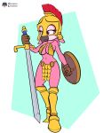 anthro armor avian bikini_armor bird clothing female fours_(artist) gloves greaves handwear headgear helmet hi_res melee_weapon pink_body pink_eyes sega shield solo sonic_the_hedgehog_(series) sword unconvincing_armor weapon