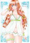  1girl babydoll blue_eyes blush breasts cleavage legwear_garter long_hair marker_(medium) medium_breasts navel original red_hair ruuna_(ruunayh) simple_background single_legwear_garter sleeve_garter traditional_media 