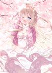  1girl ;d ahoge blonde_hair blue_eyes blurry blurry_background blush bow branch breasts collarbone commentary_request depth_of_field dress flower food frilled_dress frills hair_bow hands_up holding holding_food indie_virtual_youtuber jacket long_hair long_sleeves looking_at_viewer one_eye_closed open_clothes open_jacket pink_bow pink_flower pink_jacket puffy_long_sleeves puffy_sleeves signature sleeves_past_wrists small_breasts smile solo two_side_up uchuuneko uchuuneko_(vtuber) very_long_hair virtual_youtuber white_dress 