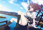  1girl black_footwear black_shorts black_socks blue_sky brown_hair dutch_angle eating floating_hair food highres horse_girl ice_cream king_halo_(umamusume) lake mountain neko_senshi outdoors puffy_short_sleeves puffy_sleeves red_eyes shirt short_sleeves shorts sitting sky socks solo thighs umamusume white_shirt 