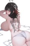  1girl ass back back_tattoo bikini black_hair blush breasts commission highres kaneko_(bblogtinhan) large_breasts looking_at_viewer looking_back medium_hair original pixiv_commission red_eyes red_hair solo swimsuit tattoo white_bikini 