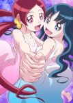  2girls arm_around_back bare_arms bare_shoulders barefoot blue_background blue_dress blue_eyes blue_hair breasts cleavage collarbone dress eyelashes fingernails foot_out_of_frame g_gundam gundam hair_ornament hair_scrunchie hanasaki_tsubomi hand_on_another&#039;s_back heartcatch_precure! holding_hands interlocked_fingers kurumi_erika long_dress long_hair looking_at_viewer m-yuki multiple_girls open_mouth parody parted_hair pink_background pink_dress pink_eyes pink_hair precure scrunchie sekiha_love-love_tenkyoken simple_background sleeveless sleeveless_dress smile sundress toes two-tone_background very_long_hair wavy_hair yellow_scrunchie 