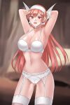  1girl :d absurdres blurry blurry_background bra breasts cameltoe cherche_(fire_emblem) commentary_request cowboy_shot fire_emblem fire_emblem_awakening garter_belt hairband hazuki_(nyorosuke) highres indoors large_breasts long_hair looking_at_viewer navel open_mouth pink_hair purple_eyes smile solo standing stomach thighhighs thighs underwear underwear_only very_long_hair white_bra white_hairband white_thighhighs 