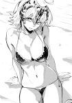  ahoge arm_support arms_at_sides bangs bikini breasts cleavage commentary_request fate/grand_order fate_(series) from_above greyscale halter_top halterneck head_tilt headpiece highres jeanne_d'arc_(alter)_(fate) jeanne_d'arc_(fate)_(all) looking_at_viewer medium_breasts monochrome nekoi_mie parted_lips short_hair side-tie_bikini side-tie_bottom sitting sketch solo swimsuit 