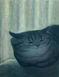  animal animal_focus cat closed_eyes closed_mouth commentary_request grey_cat highres indoors karin_hosono lying no_humans original painting_(medium) realistic solo traditional_media 