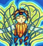  1boy bandana closed_eyes closed_mouth cross_fusion henshin jacket lan_hikari_(mega_man) lowres male_focus orange_jacket parody ryoneko short_hair solo solo_focus transformation transforming_clothes white_sleeves 