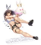  animal_ears bangs bare_shoulders black_footwear black_neckwear breasts brown_eyes brown_hair bunny_ears bunny_tail cleavage commentary_request cropped_vest fake_animal_ears fingernails fishnet_legwear fishnets full_body gun handgun highres holding holding_weapon large_breasts lips logo machine masami_chie midriff navel necktie official_art open_mouth shoes shorts simple_background sleeveless solo suspenders tail thighhighs tokyo_exe_girls torn_clothes torn_legwear weapon white_background wrist_cuffs 