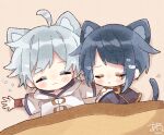  2boys :o ahoge animal_ears artist_name blue_capelet blue_coat blue_hair blush blush_stickers capelet cat_boy cat_ears cat_tail chibi chongyun_(genshin_impact) closed_eyes closed_mouth coat commentary_request diagonal_bangs genshin_impact gold_trim heart hood hood_down hoodie long_sleeves lying male_focus multiple_boys nekorune_(bukubuku_awai) on_back on_side parted_bangs parted_lips short_hair short_sleeves sidelocks signature sleeping squeans tail u_u under_covers wavy_mouth white_hoodie wide_sleeves xingqiu_(genshin_impact) 