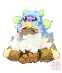  1boy alternate_form blue_skin blush brown_fur brown_gloves closed_eyes colored_skin digimon digimon_ghost_game fluff gloves highres jellymon on_head simple_background symbareangoramon upper_body white_background yellow_fur youzaiyouzai112 