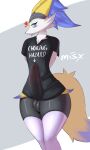 anthro big_penis blue_eyes braixen clothing erection generation_6_pokemon genitals heart_symbol hi_res legwear male misx nintendo penis penis_under_shirt pokemon pokemon_(species) shirt solo tail thigh_highs tongue tongue_out topwear