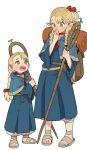  2girls absurdres aged_down ambrosia_(dungeon_meshi) backpack bag blonde_hair blue_capelet blue_robe braid bright_pupils capelet commentary_request covering_own_mouth dungeon_meshi feet full_body green_eyes highres holding holding_staff long_hair looking_at_another mage_staff marcille_donato multiple_girls opossumachine robe sandals staff standing time_paradox toes white_pupils 