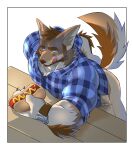 anthro beard bent_over border brown_body brown_fur canid canine canis clothing coyote facial_hair food fur furniture hi_res holding_food holding_object hot_dog kurukakuu licking licking_lips male mammal pattern_clothing pattern_shirt pattern_topwear plaid plaid_clothing plaid_shirt plaid_topwear shirt simple_background solo table tail tongue topwear white_background william_adler